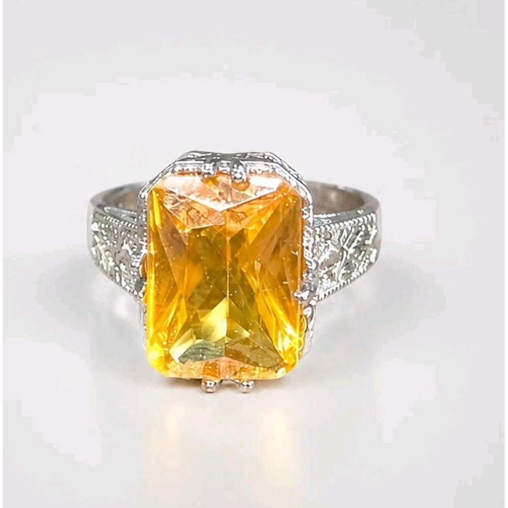 Vintage Orange Ring Square Faceted Glass Cocktail Rhinestone Silver Tone Sz 8